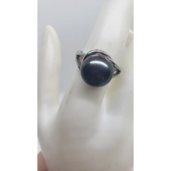 Vintage Genuine Gray Peacock Pearl Ring Size 8 Silver Plated HUGE Iridescent - Picture 4 of 11
